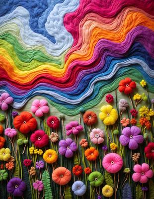 The primary subject of the image is a colorful display of flowers, with a variety of different types and colors. The flowers are arranged in a visually appealing manner, creating a vibrant and lively scene. The setting is a wall, and the visual style is a combination of photo and digital art, giving the image a unique and artistic appearance. The dominant colors in the image are a mix of pink, yellow, and orange, creating a warm and cheerful atmosphere.